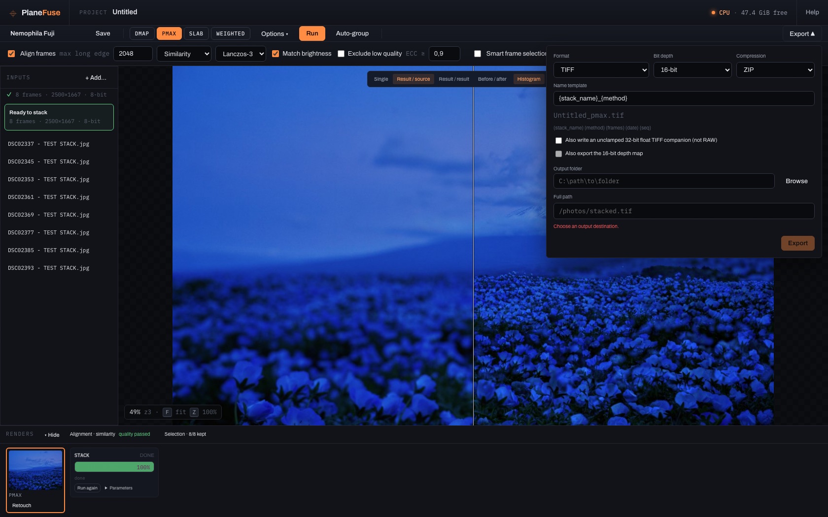 PlaneFuse export panel showing Linear DNG export options for a Capture One workflow