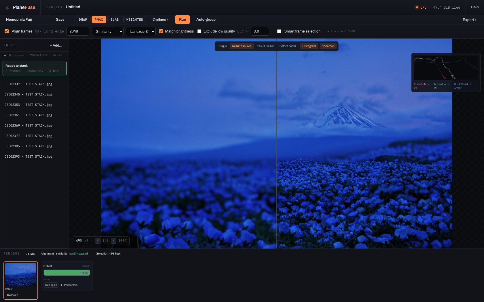 PlaneFuse workspace in result/source compare mode over a Nemophila flower field with Mt. Fuji, showing the live histogram